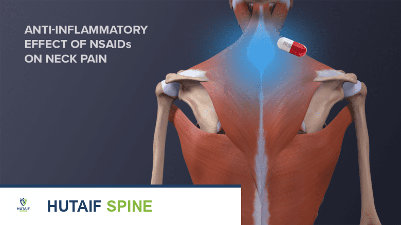 Posterior view image of back muscles and bones with an anti-inflammatory pill.