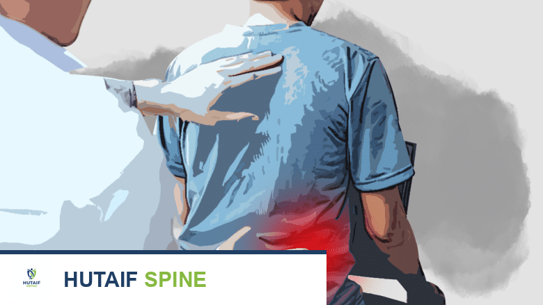 An illustration showing a doctor examining a persons lower back pain highlighted in red.
