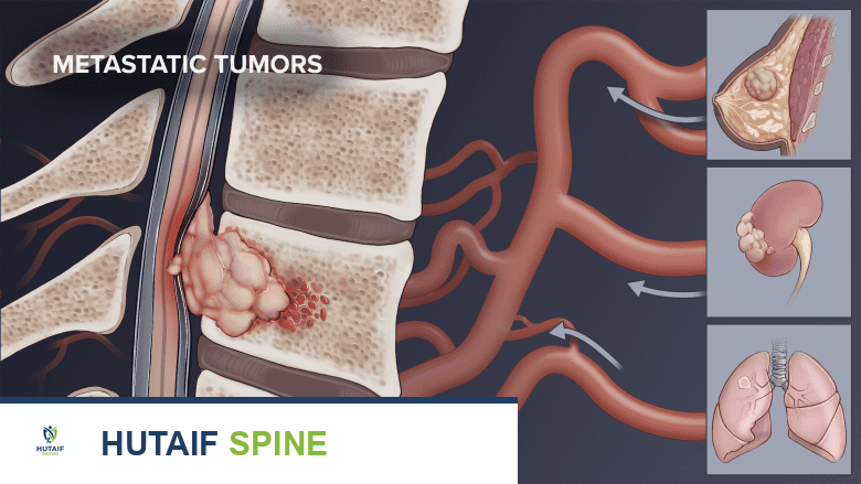 A medical illustration showing a metastatic tumor in the spinal column.