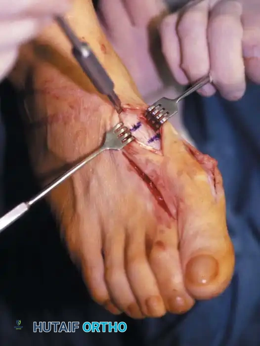 Fig. 78-41, cont’d F, Knife blade is in metatarsocuneiform joint, and two lines marked on metatarsal represent osteotomy site (proximal line) and location of screw for ﬁ xation (distal line) . G, Final position of screw and position of metatarsal after correction of ﬁ rst metatarsal. H, Note Freer elevator is displacing or rotating proximal fragment medially, whereas ﬁ rst metatarsal head and distal fragment are being angulated laterally by manual pressure. I, Postoperative dressings after correction of hallux valgus. Metatarsal heads are ﬁ rmly bound together, and great toe is rotated to keep sesamoids aligned beneath metatarsal head. Right toe should be dressed in counterclockwise direction and left toe in clockwise direction when standing at foot of bed. ( A-D from Mann RA, Coughlin MJ: The video textbook of foot and ankle surgery , St Louis, 1991, Medical Video Productions; E and I from Mann RA, Coughlin MJ, eds: Surgery of the foot and ankle , 6th ed, St Louis, 1993, Mosby.)