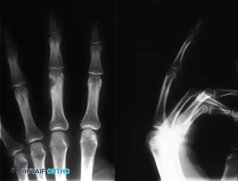 FIGURE 77-13 Multiple enchondromatosis in metacarpals and phalanges of 6-year-old girl.
