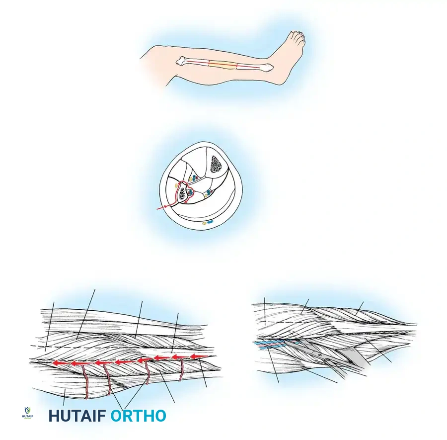 Incision over lateral surface of fibula
