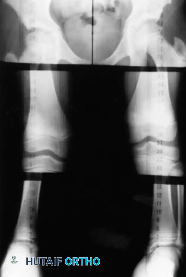 Fig. 26-93 Scanogram obtained for evaluation of limblength discrepancy in 12-year-old boy with ﬁ bular hemimelia on right.
